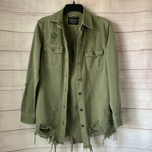 American Bazi Green Denim Shacket Distressed Button Up Long Sleeve Shirt Size S